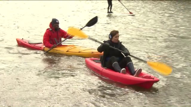 Ana braves the cold, rides kayak from West Marine